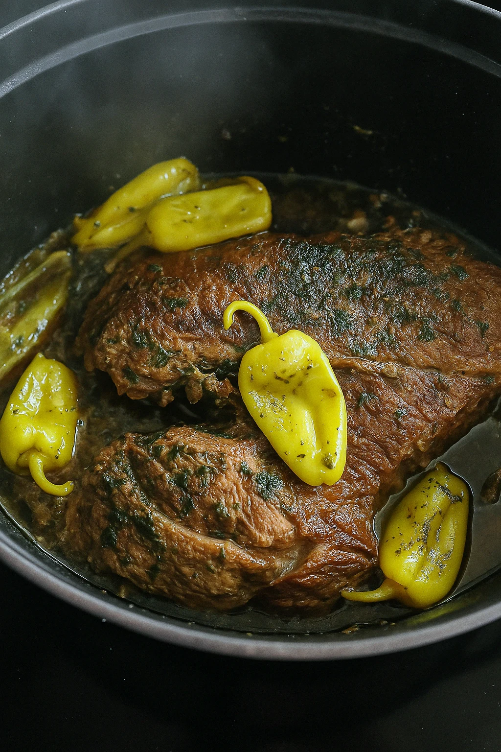 Tender Keto Mississippi Pot Roast served with a rich, savory gravy and pepperoncini peppers in a cast iron skillet.