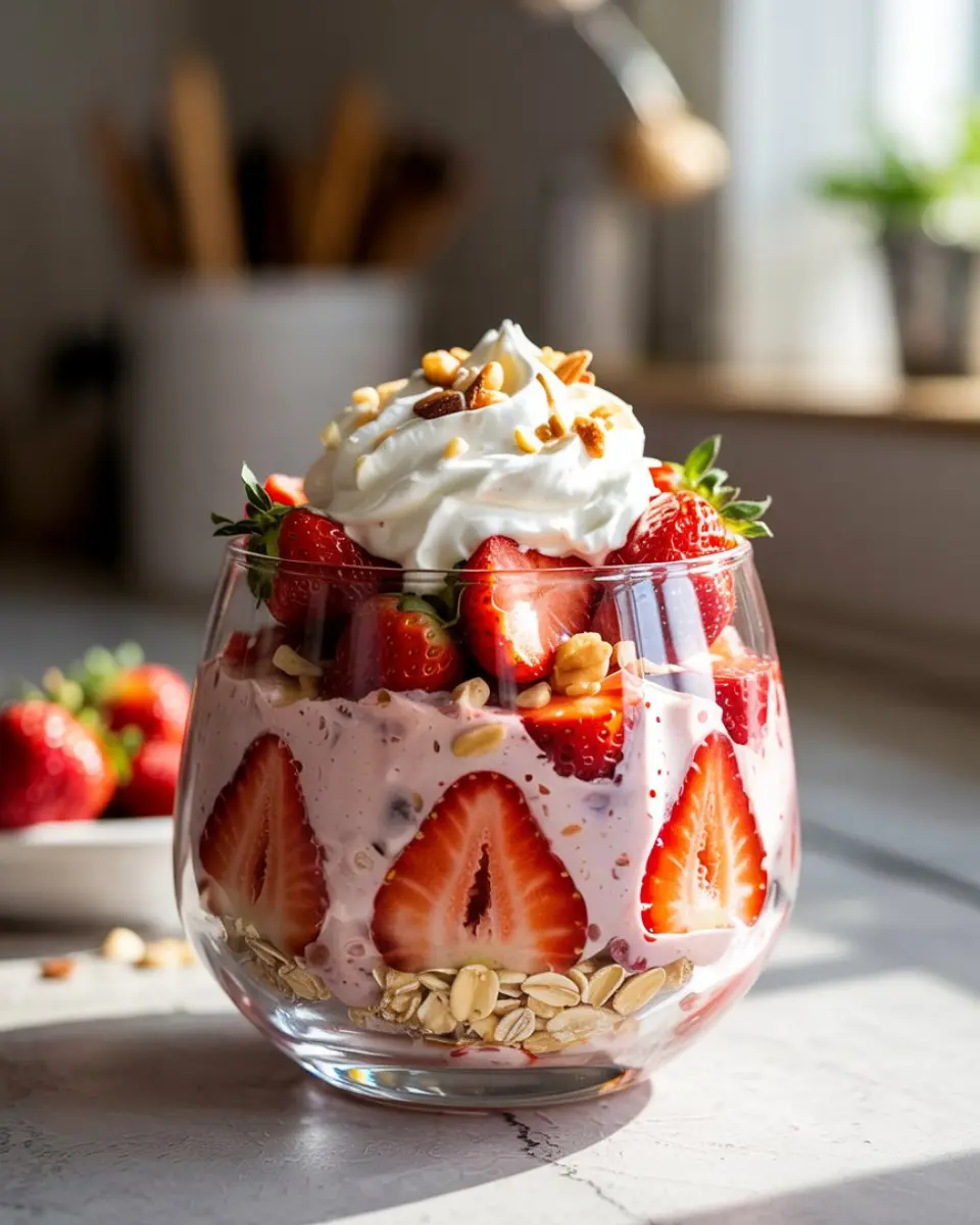 Creamy strawberry cheesecake overnight oats in a jar, layered with fresh strawberries, granola, and a drizzle of honey – a no-cook breakfast ready by morning