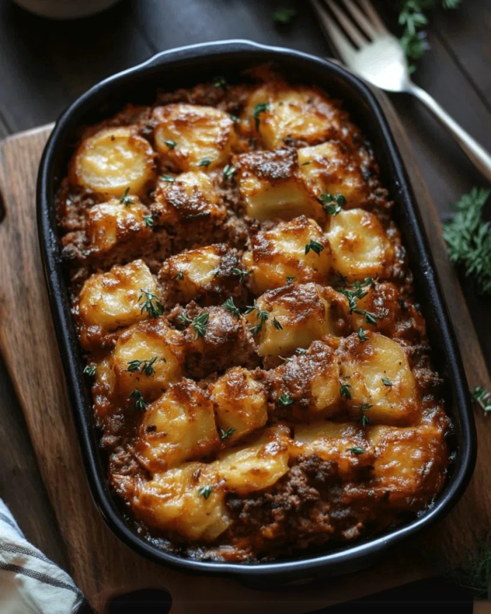 A freshly baked Cowboy Meatloaf and Potato Casserole in a black dish, topped with golden-brown cheesy potatoes and garnished with fresh thyme.