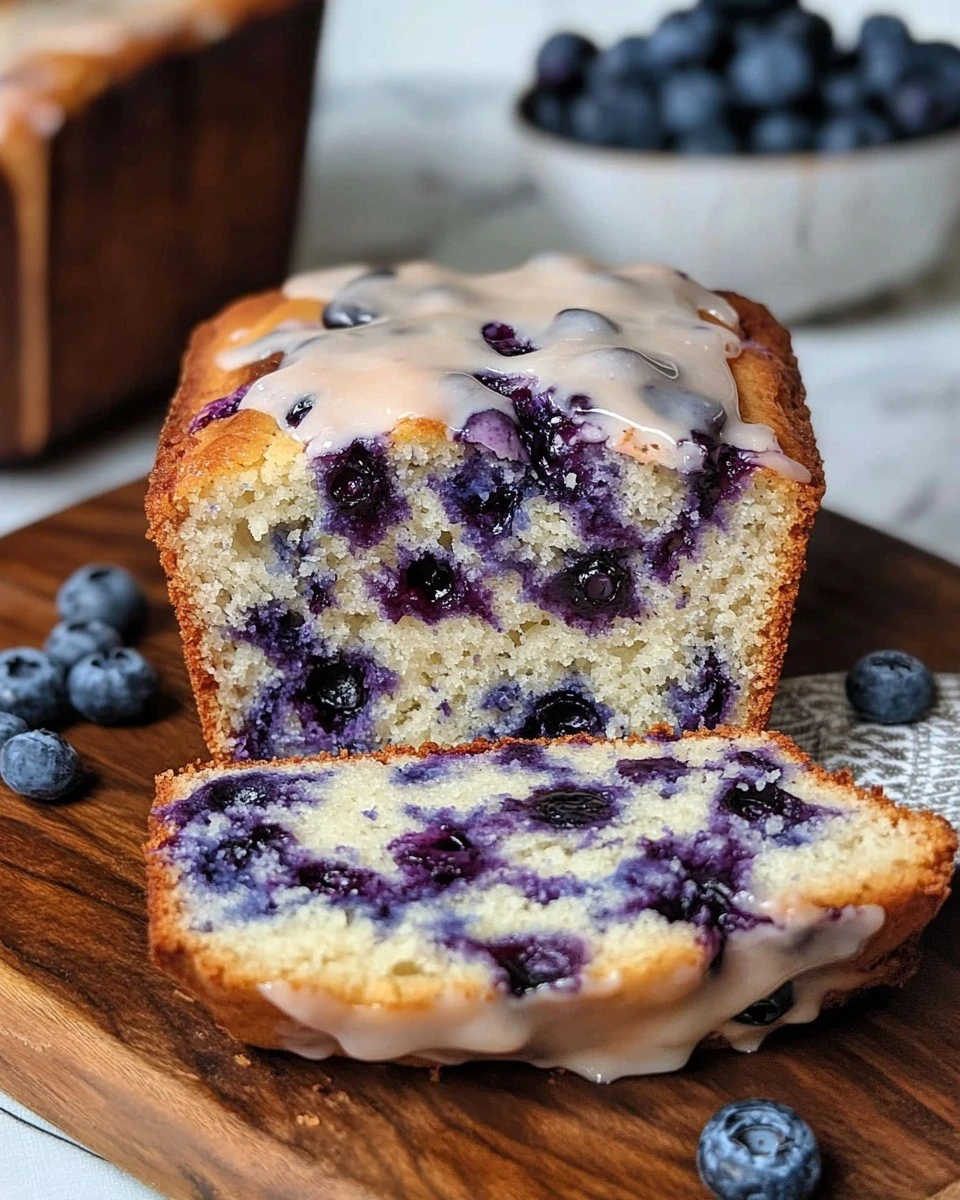 Freshly baked blueberry bread loaf filled with juicy blueberries, sliced and ready to serve on a rustic wooden board.