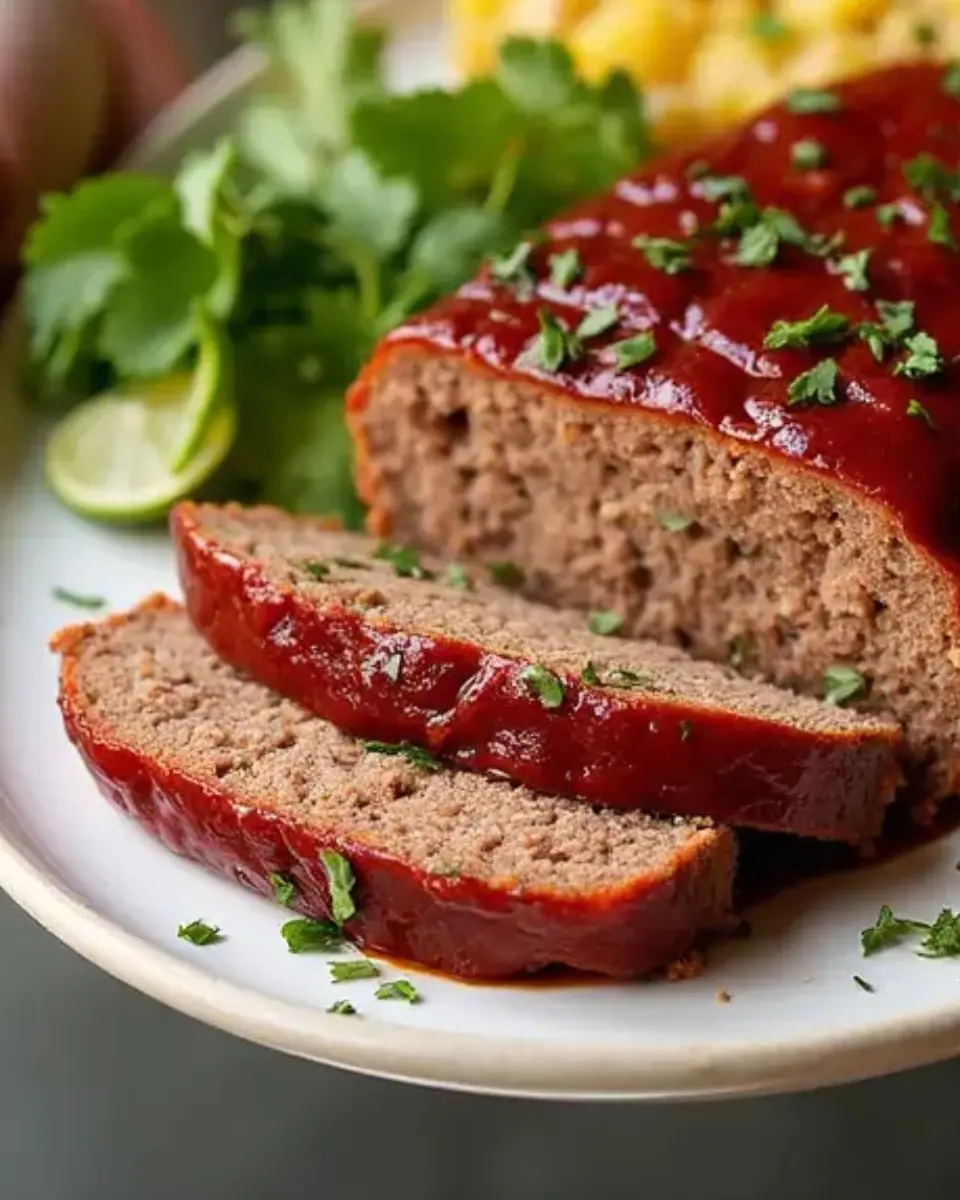 A thick slice of juicy meatloaf topped with a glossy, caramelized sticky glaze, served with mashed potatoes and green beans on a rustic plate.