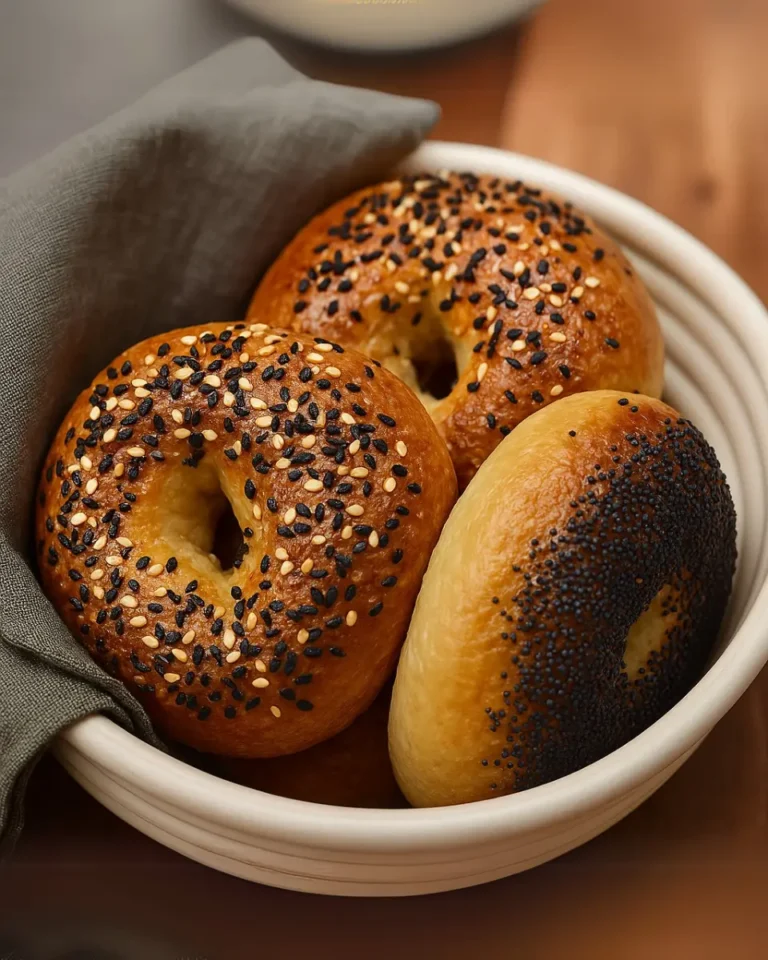 Freshly baked golden-brown New York-style bagels sprinkled generously with sesame and poppy seeds, arranged on a cooling rack