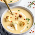 Roasted cauliflower soup served in a white bowl, topped with fresh herbs and a drizzle of olive oil