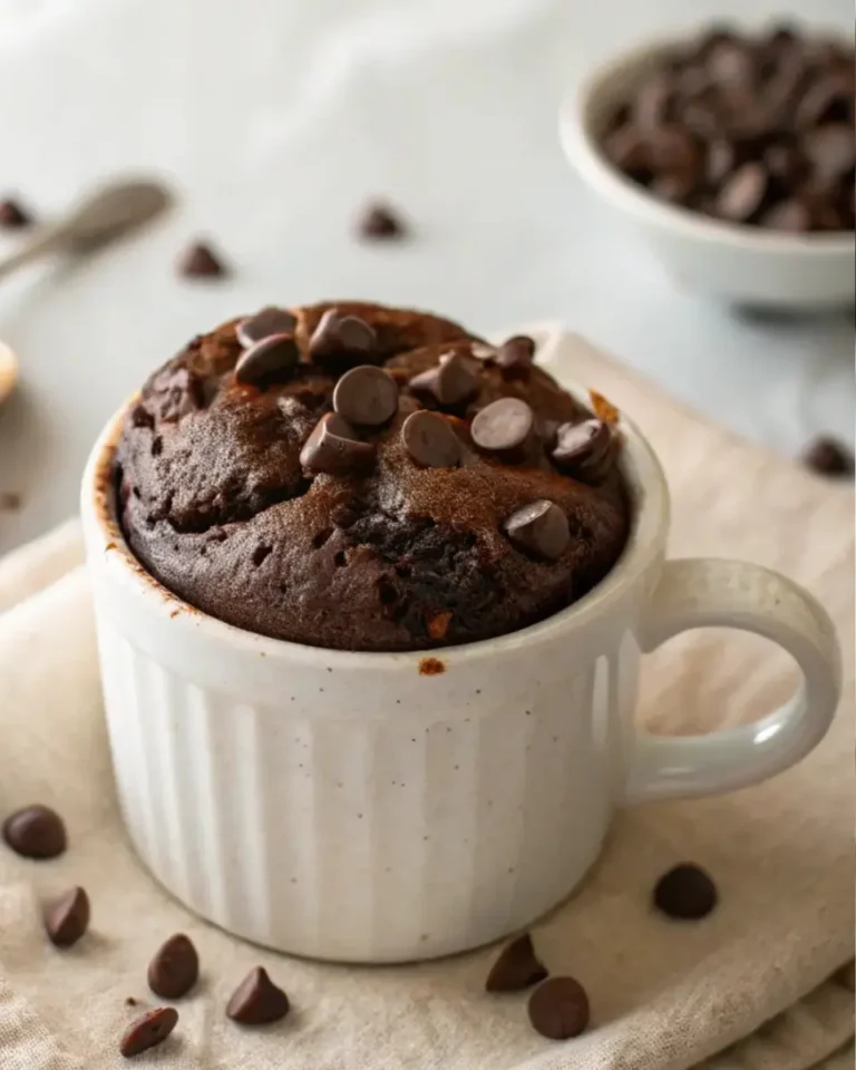 Vegan chocolate mug cake topped with melted dark chocolate and a sprinkle of sea salt in a white ceramic mug