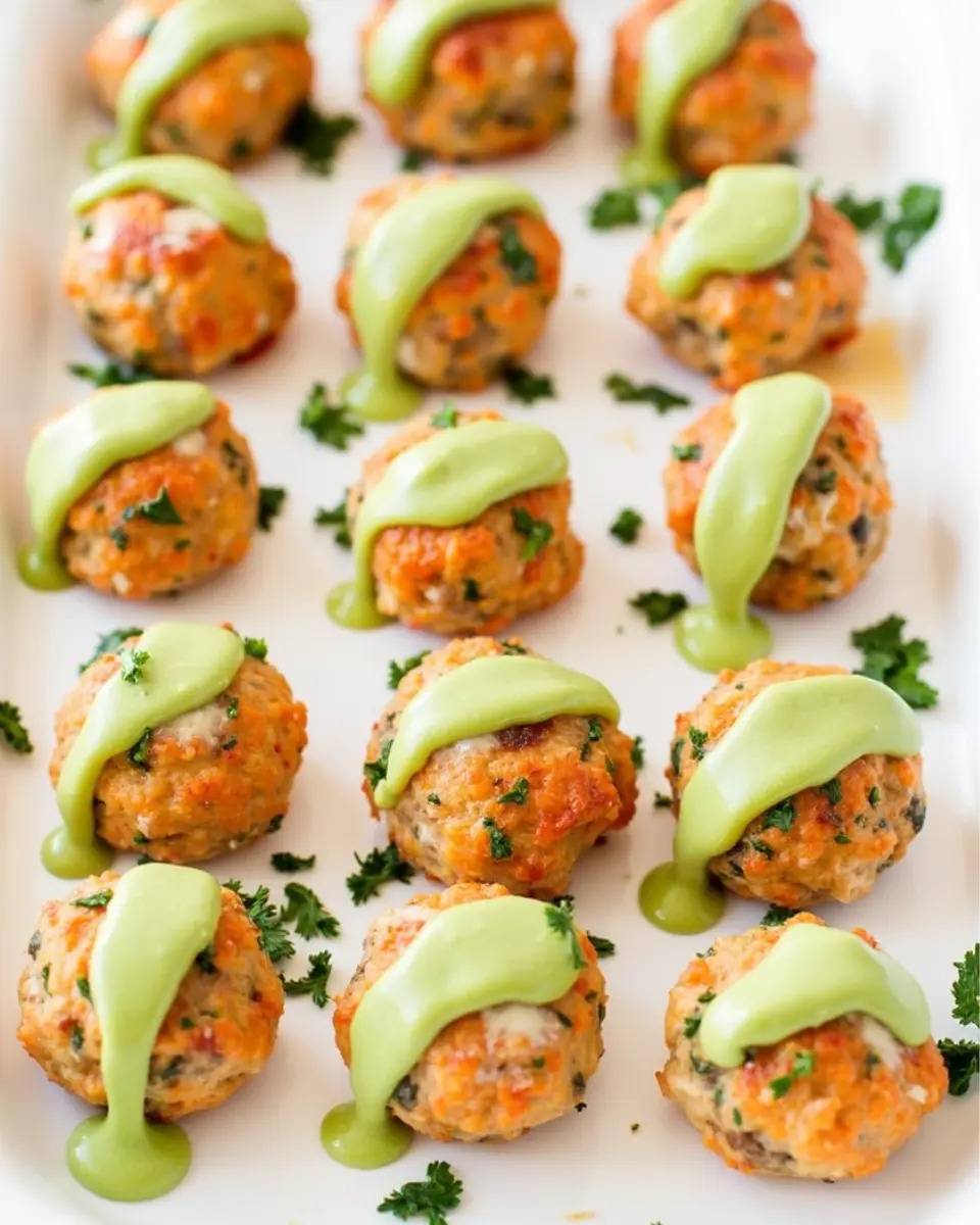 Baked salmon meatballs served on a white plate with a drizzle of creamy avocado sauce, garnished with fresh herbs.