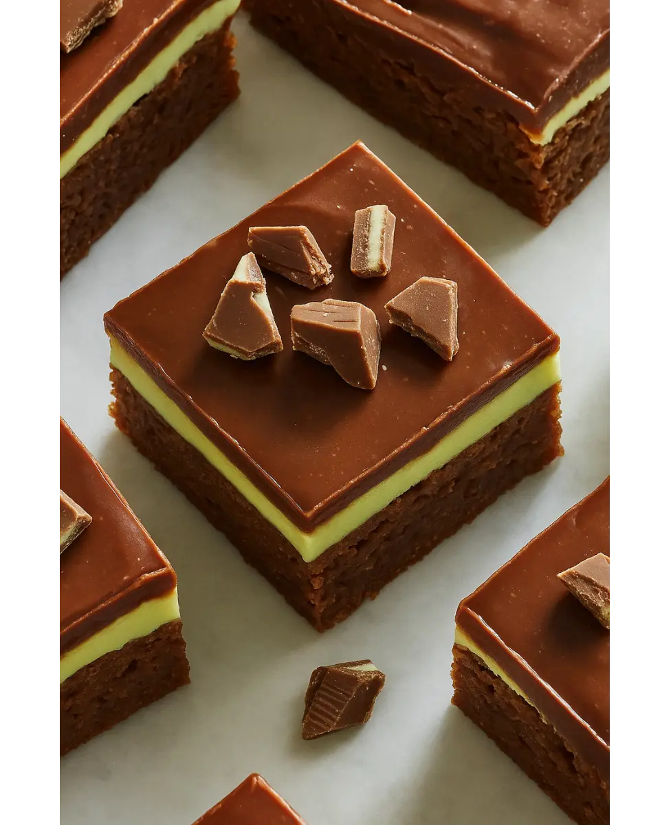 Freshly baked mint chocolate brownies stacked on a white plate, topped with a glossy chocolate ganache and garnished with mint leaves.