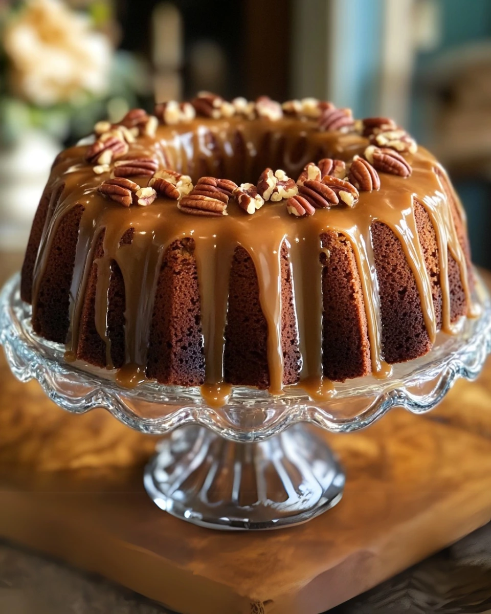 Southern Praline Pecan Cake with caramel drizzled on top