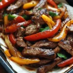 Juicy steak fajitas served with colorful bell peppers and onions on a sizzling hot skillet.