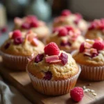 Freshly baked raspberry rhubarb flax muffins in paper liners, topped with golden flax seeds and bursting with fruit