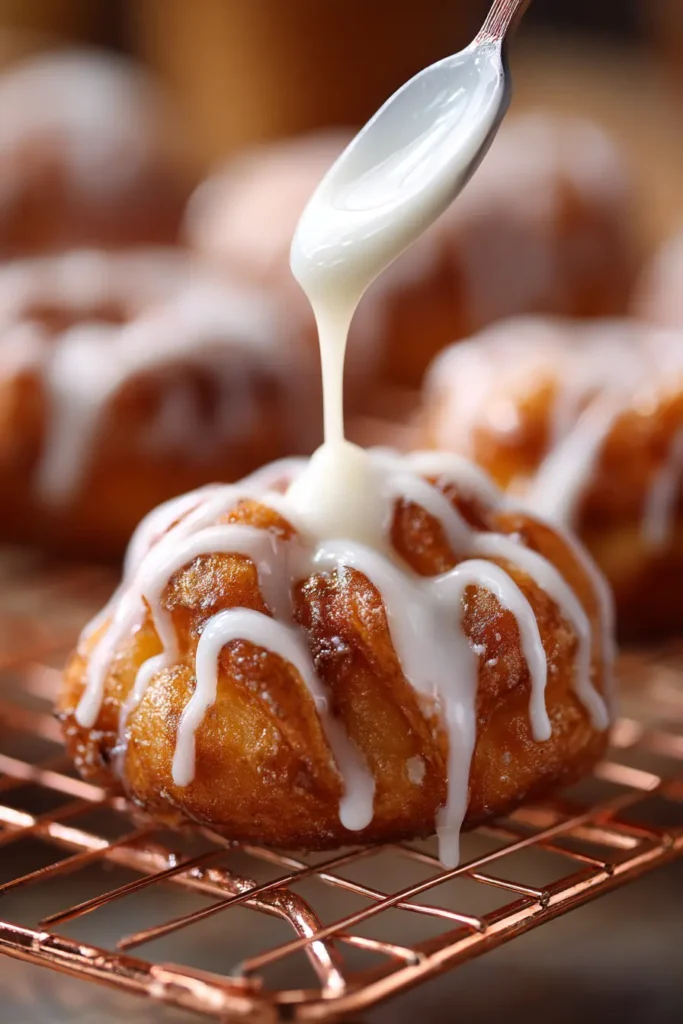 Delicious homemade Apple Fritter Bites topped with apple glaze and cinnamon.