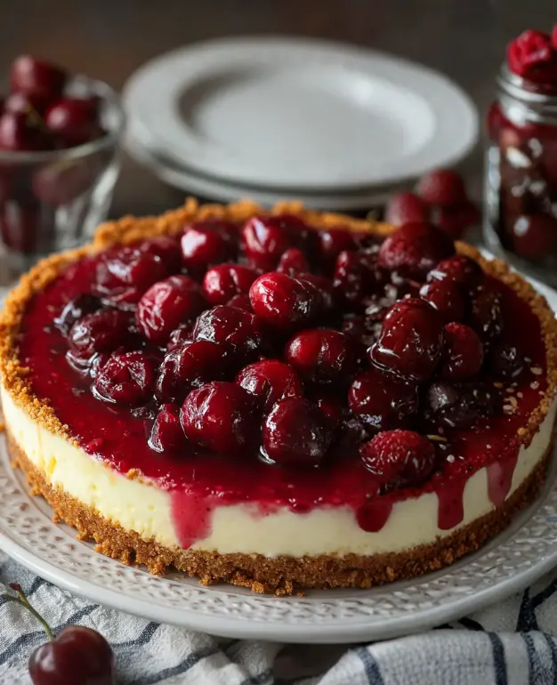 Delicious Vegan No-Bake Cherry Cheesecake with creamy filling and cherry topping
