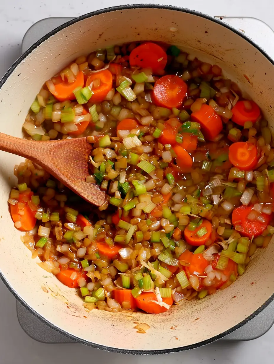 Beef and Barely Soup A photo showing how to saute vegetables in a pot Beef and Barely Soup A photo showing how to saute vegetables in a pot