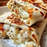 Cheesy Garlic Chicken Wraps with melted cheese and creamy garlic sauce on tortillas.