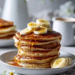 Delicious golden Banana Oat Protein Pancakes served with fresh fruit on a plate.