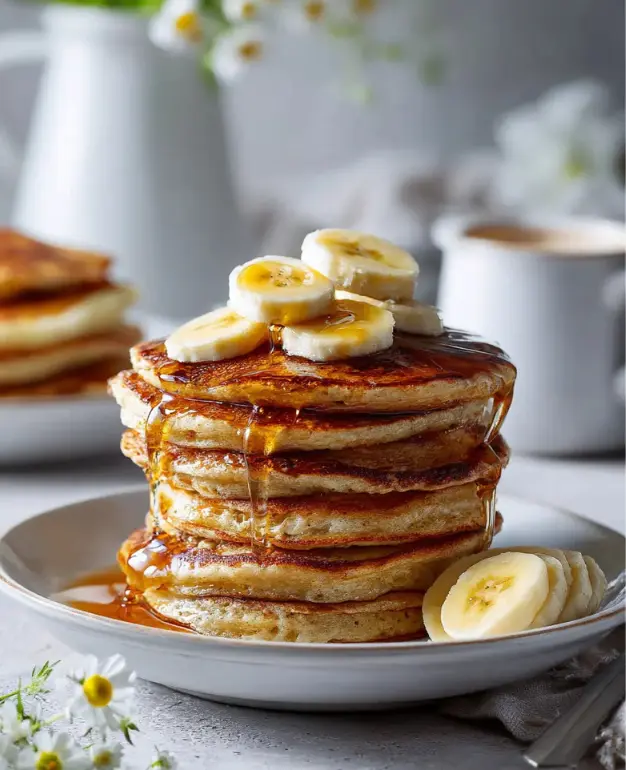 Delicious golden Banana Oat Protein Pancakes served with fresh fruit on a plate.
