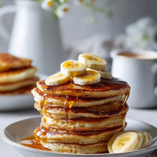 Banana Oat Protein Pancakes You’ll Love Making! 1 Delicious golden Banana Oat Protein Pancakes served with fresh fruit on a plate.