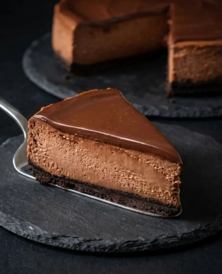 Extra Creamy Chocolate Cheesecake topped with ganache and chocolate shavings on a graham cracker crust.
