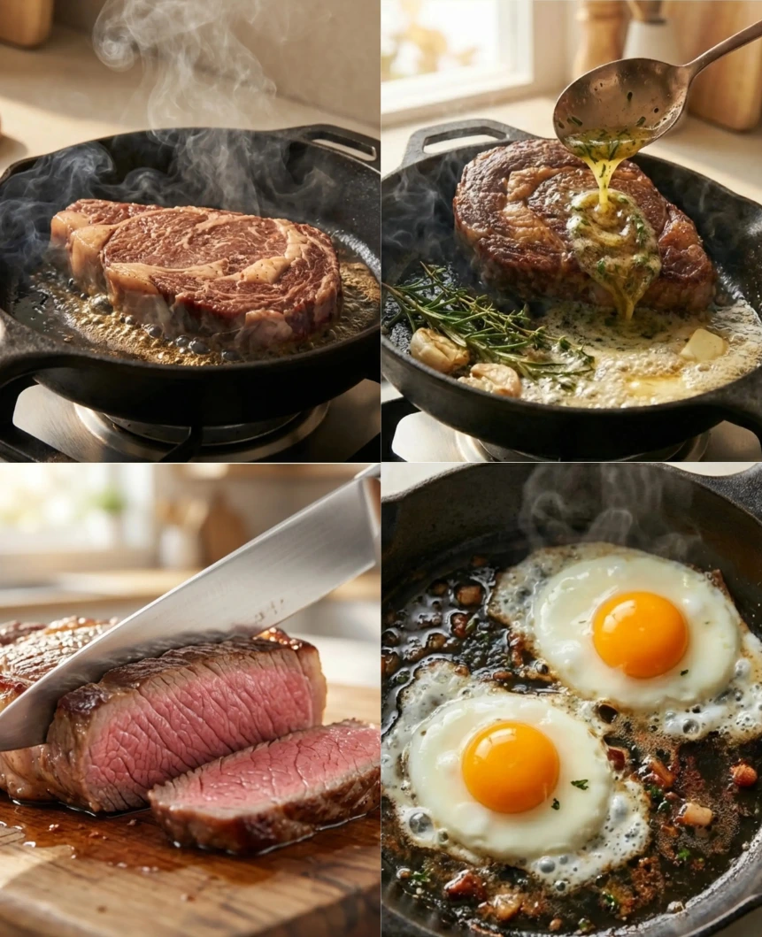 Delicious Steak and Eggs Breakfast served with crispy potatoes and sunny-side up eggs.