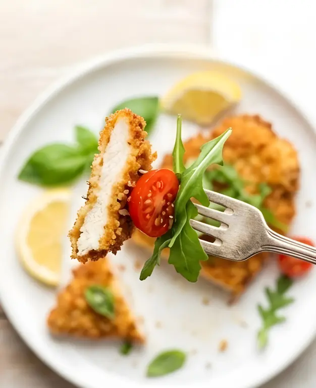 Crispy Chicken Milanese served with fresh herbs and lemon