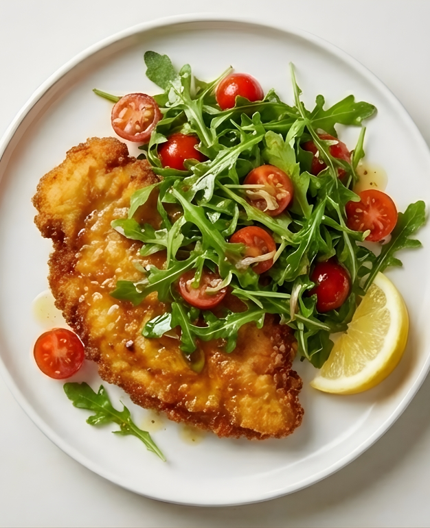 Crispy Chicken Milanese served with fresh herbs and lemon