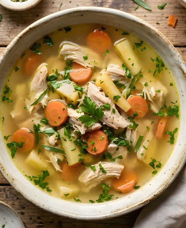 Bowl of ultimate chicken soup with vegetables and herbs