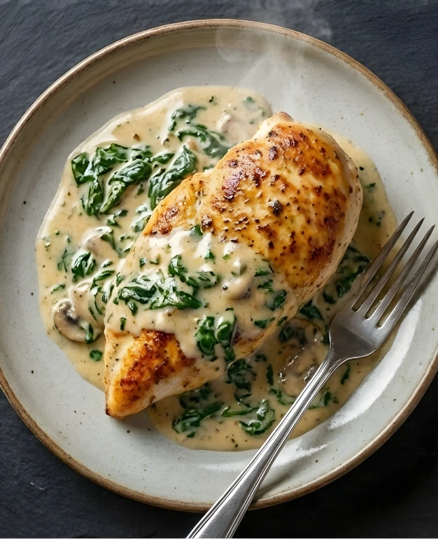 Creamy Spinach and Mushrooms Chicken dish with rich, savory flavors