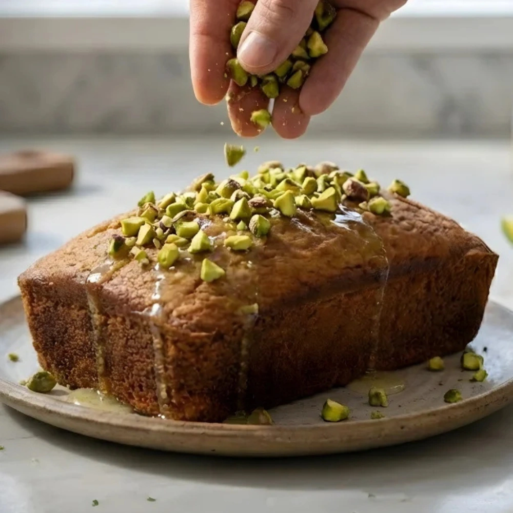 Pistachio-Cardamom Cake drizzled with lime syrup, showcasing its delicious layers.