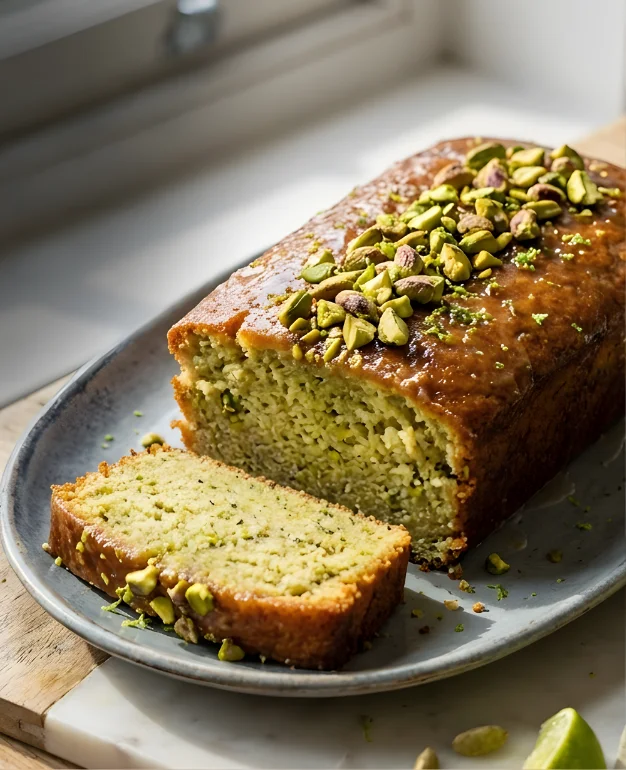 Pistachio-Cardamom Cake drizzled with lime syrup, showcasing its delicious layers.