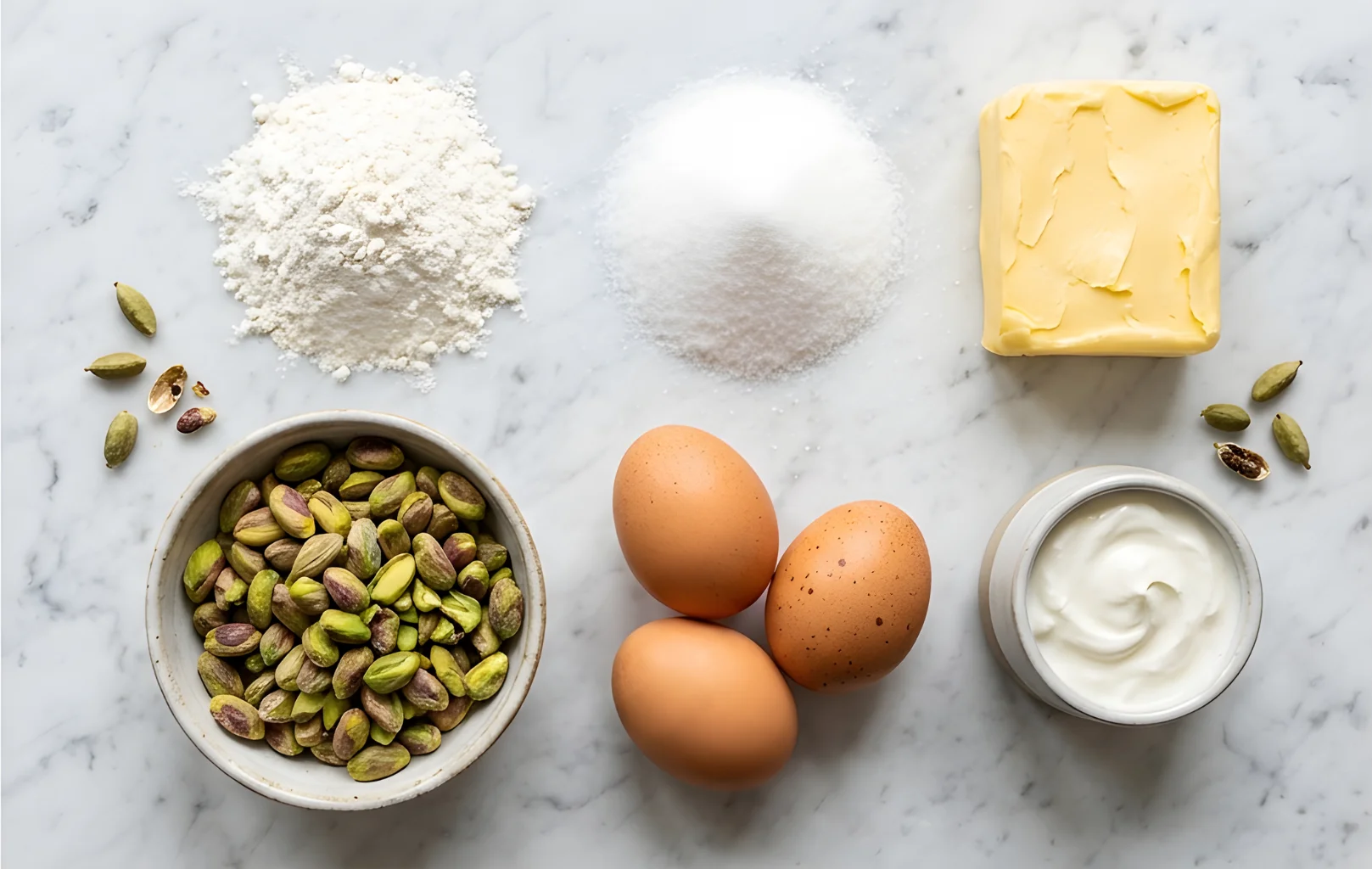 Pistachio-Cardamom Cake drizzled with lime syrup, showcasing its delicious layers.