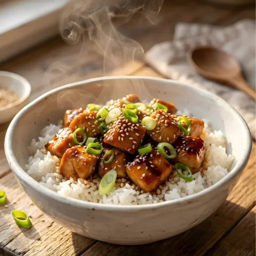 Air Fryer Chicken Teriyaki 1 Delicious Air Fryer Chicken Teriyaki served with vegetables and rice