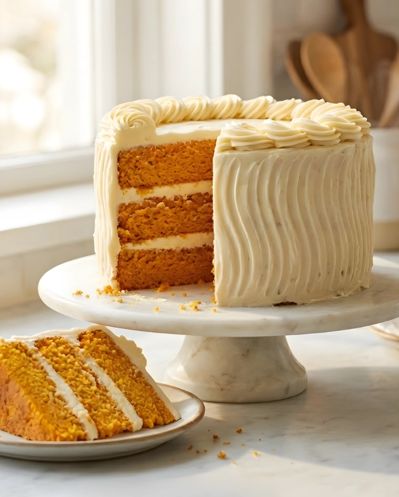 Delicious orange velvet cake with cream cheese frosting on a white plate Delicious orange velvet cake with cream cheese frosting on a white plate