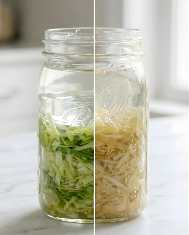 Homemade sauerkraut in a glass jar with fresh cabbage on the table (4) Homemade sauerkraut in a glass jar with fresh cabbage on the table 4