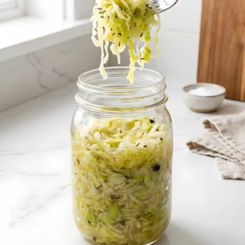 Easy Sauerkraut Recipe 1 Homemade sauerkraut in a glass jar with fresh cabbage on the table