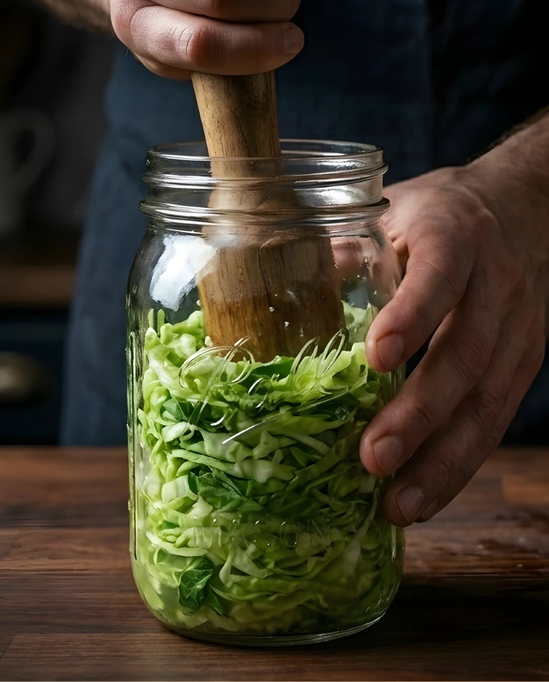 Homemade sauerkraut in a glass jar with fresh cabbage on the table (9) Homemade sauerkraut in a glass jar with fresh cabbage on the table 9