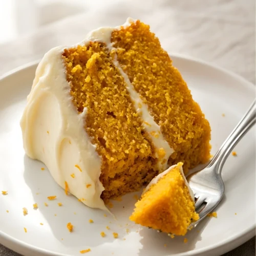 Orange Velvet Cake 1 Delicious orange velvet cake with cream cheese frosting on a white plate